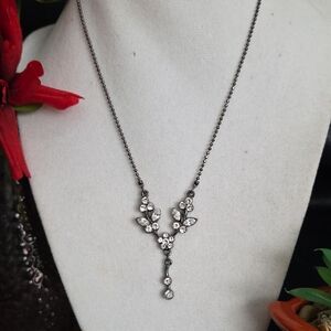 Elegant Black With Crystal Floral Necklace
